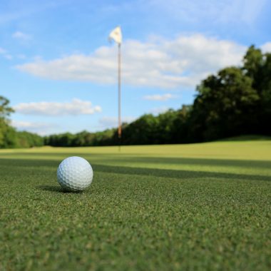 a golf ball sitting on top of a green field