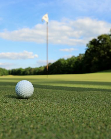 a golf ball sitting on top of a green field